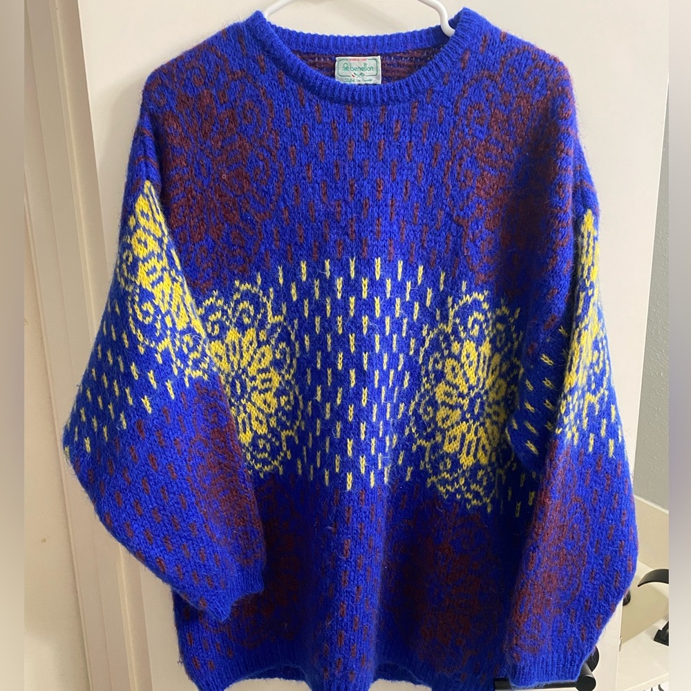 Vtg Benetton Italian Mohair Geometric Floral Sweater Size48 Women's L/XL Men's M